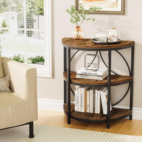 Half Round End Table, 3-Tier Narrow Side Table with Metal Frame, Half Circle Table, Half Moon Small Coffee Accent Table Bedside Table for Living Room, Bedroom