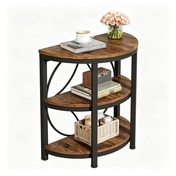 Half Round End Table, 3-Tier Narrow Side Table with Metal Frame - Living Room Coffee Table, Sofa Side Table, Rustic Brown & Black