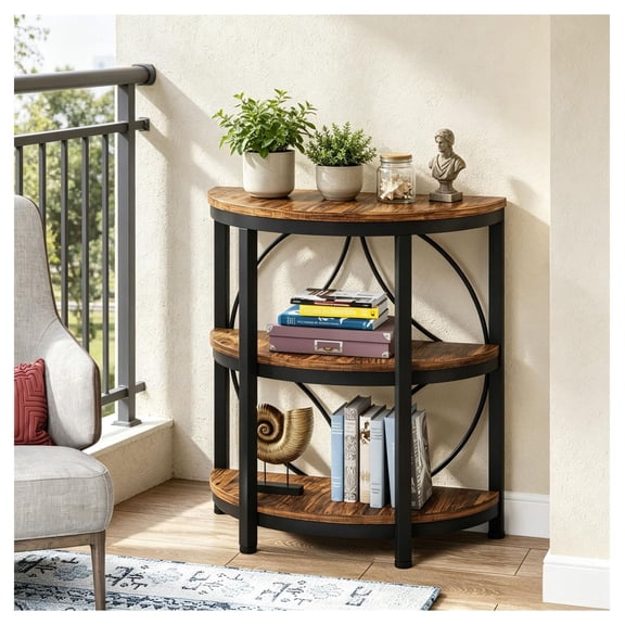 Half Round End Table 3 Tier, Narrow Side Table with Metal Frame, Living Room Coffee Table, Sofa Side Table - Rustic Brown & Black