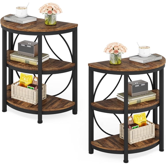 Half Round End Table for Living Room Set of 2, 3-Tier Half Side Table with Metal Frame, Industrial Half Moon Table, Half Circle Accent Table for Entryway, Bedroom, Rustic Brown