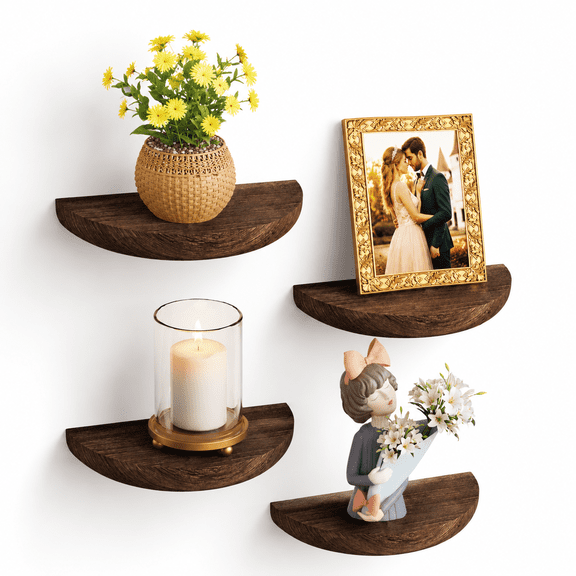 Half Round Floating Shelves For Wall 4 Pack Small Paulownia Wood Screw Mount & Decor