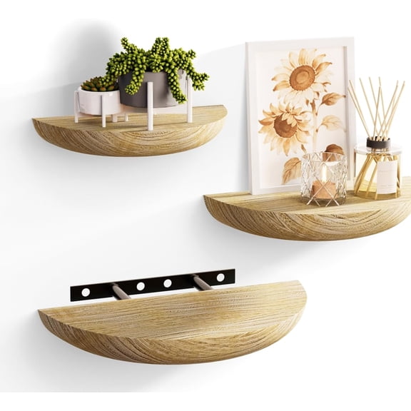 Half Round Floating Shelves for Wall, Hidden Bracket 3 Pack, Light Brown