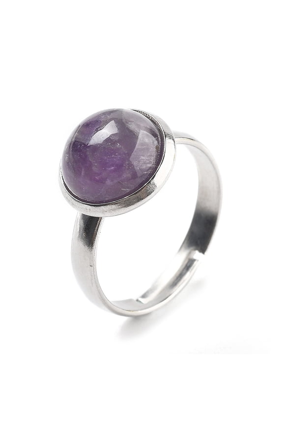 Half Round Natural Amethyst Finger Rings 304 Stainless Steel Adjustable Rings for Women Round Cabochons: 10mm US Size 6(16.5mm) 3mm