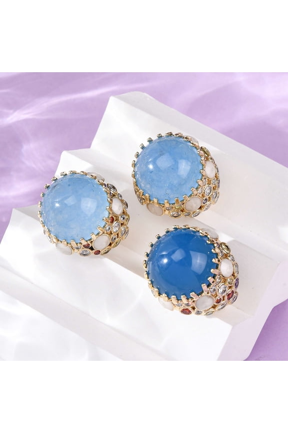 Half Round Natural Dyed Jade Cubic Zirconia Cuff Rings Brass Adjustable Rings for Women Golden 24.5mm Jade