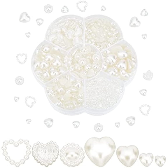 Half Round Pearls 460pcs 7 Styles Heart Shape Flat Back Beads ABS Plastic Rhinestone Loose Bead Jewels Pearl Cabochon for DIY Craft Phone Nail Art Scrapbook Making Makeup Beige