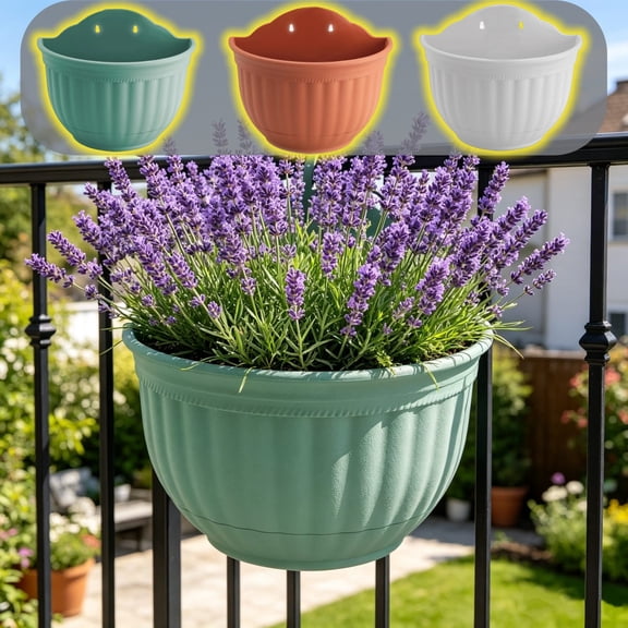 Half Round Wall Mount Planter, Textured Plastic Hanging Flower Pot with Built-in Air Passage for Balcony Railing Fence Decor, 8.66" x 7.09", AKLJWH
