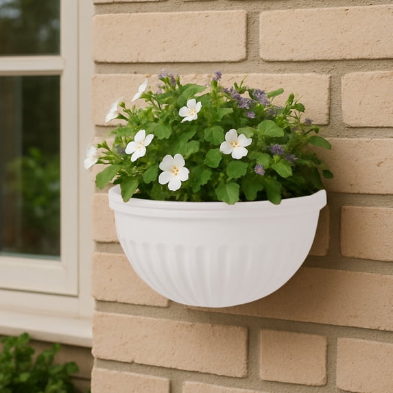 Half Round Wall Mounted Plastic Flower Pot, Modern Indoor Outdoor Plant Container for Home, White
