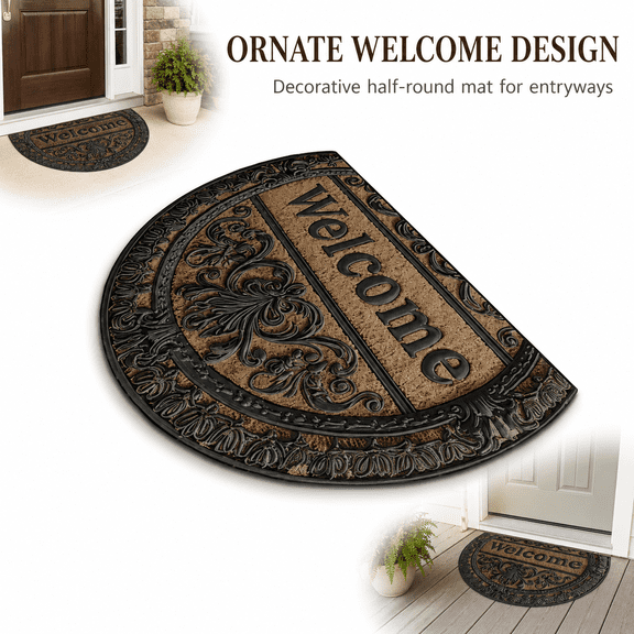 Half Round Welcome Doormat, 15.7 x 23.6 in Polyester Entryway Mat with Ornate Vintage Print, Indoor or Covered Outdoor Door Mat, Brown
