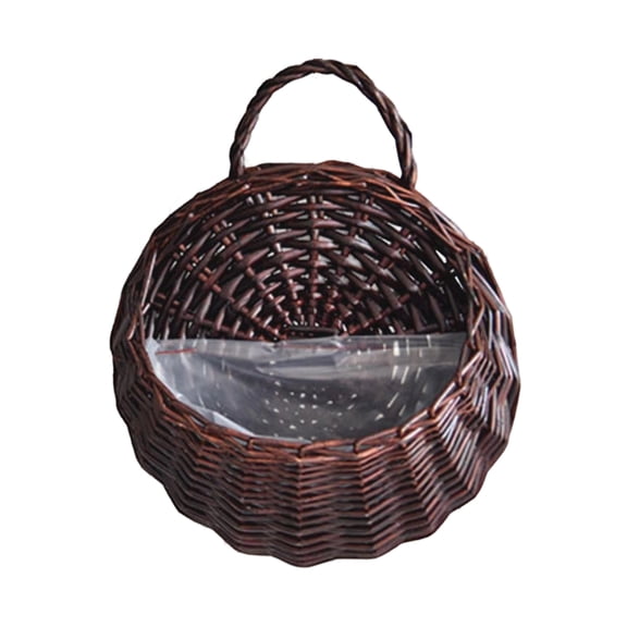 Half Round Wicker Hanging Basket with Handle - Handmade Woven Rattan Wall Planter, Storage & Flower Pot for Indoor Outdoor Garden, Patio, Balcony Decor (1 Count)