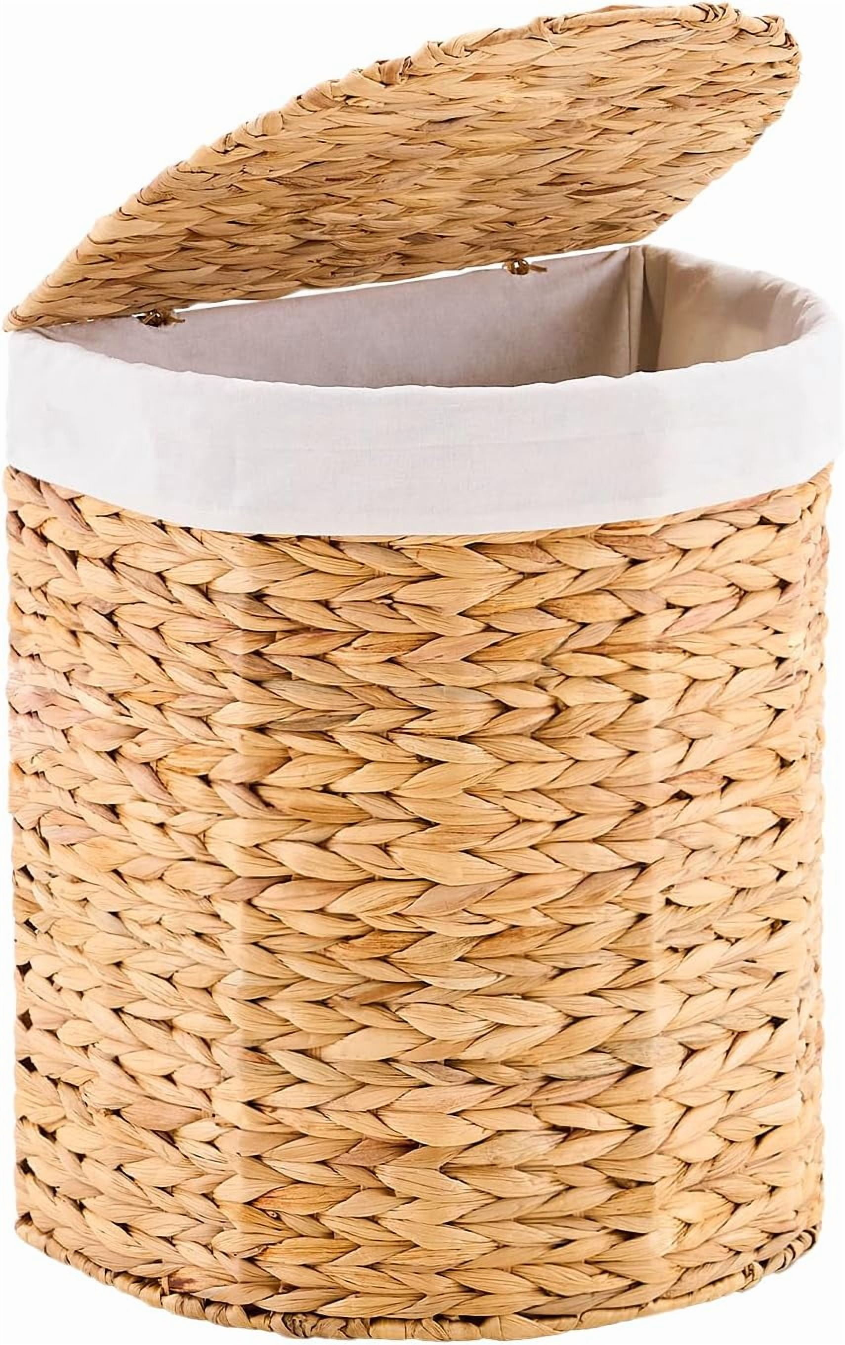 Half Round Wicker Laundry Hamper with Lid and 2 Removable Liner Bags, Handwoven Natural Water Hyacinth Laundry Basket for Dirty Clothes, Natural
