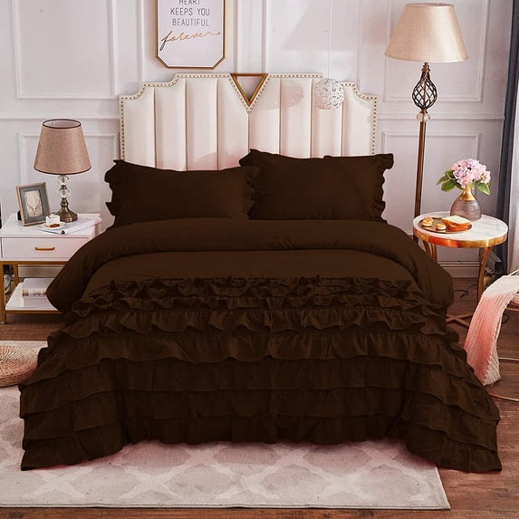 Half Ruffle Duvet Cover Set 3 Piece, 100% Egyptian Cotton, with Hidden Zipper Closure, 400 Thread Count, Extra Soft and Luxury - Chocolate Solid, Cal King Size.