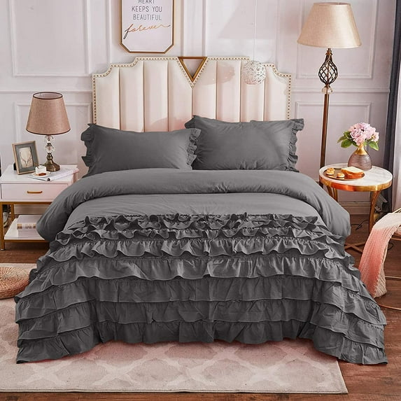 Half Ruffle Duvet Cover Set 3 Piece, 100% Egyptian Cotton, with Hidden Zipper Closure, 400 Thread Count, Extra Soft and Luxury - Dark Gray Solid, Oversized King Plus Size.