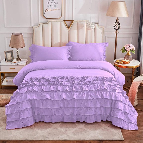 Half Ruffle Duvet Cover Set 3 Piece, 100% Egyptian Cotton, with Hidden Zipper Closure, 400 Thread Count, Extra Soft and Luxury - Lavender Solid, King Size.