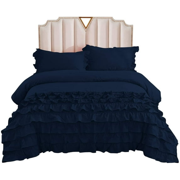 Half Ruffle Duvet Cover Set 3 Piece, 100% Egyptian Cotton, with Hidden Zipper Closure, 400 Thread Count, Extra Soft and Luxury - Navy Blue Solid, Full Size.