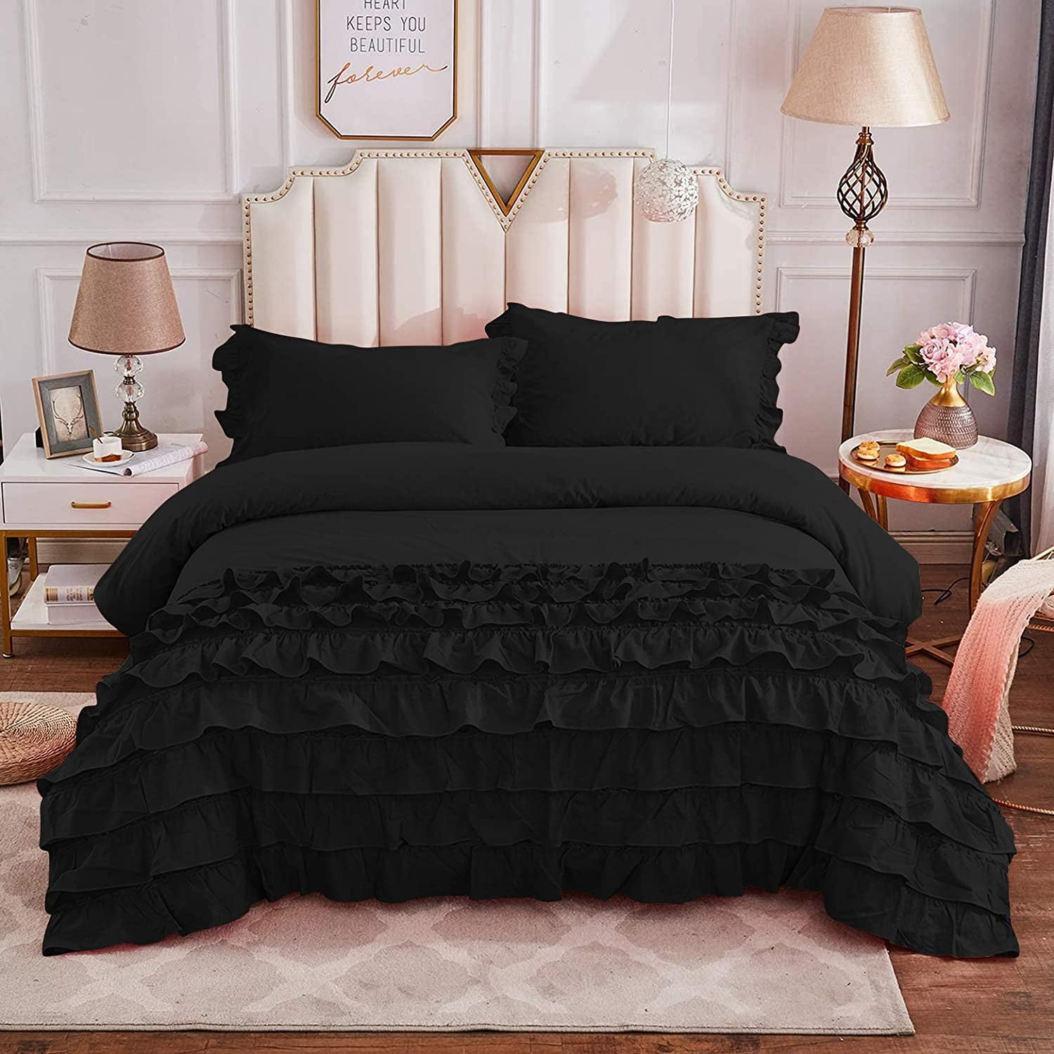 Bedding Begs Luxury 5Pieces Black Solid Ruffle Duvet Sets, Twin