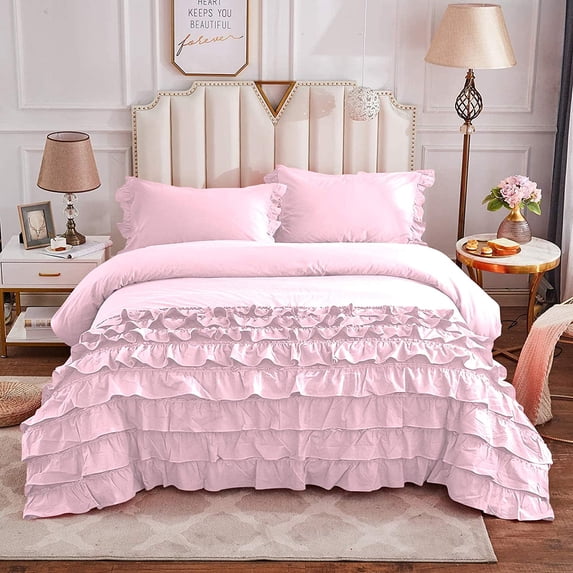 Half Ruffle Duvet Cover Set 5 Piece, 100% Egyptian Cotton, with Hidden Zipper Closure, 400 Thread Count, Half Ruffle Design, Extra Soft and Luxury - Pink Solid, Twin Size.