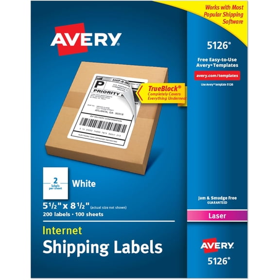 Half-Sheet Printable Shipping Labels, 5.5" x 8.5" Customizable Stickers, White, 200 Blank Mailing Labels, Great for Mailing, Shipping, Organizing, and More (5126)