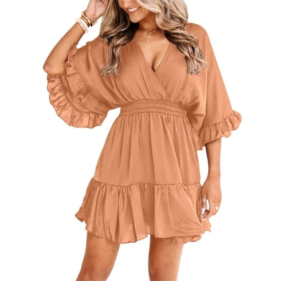 Half Sleeve Deep V-Neck Women Elastic Waist Dress Flared High Waist Mini Dress
