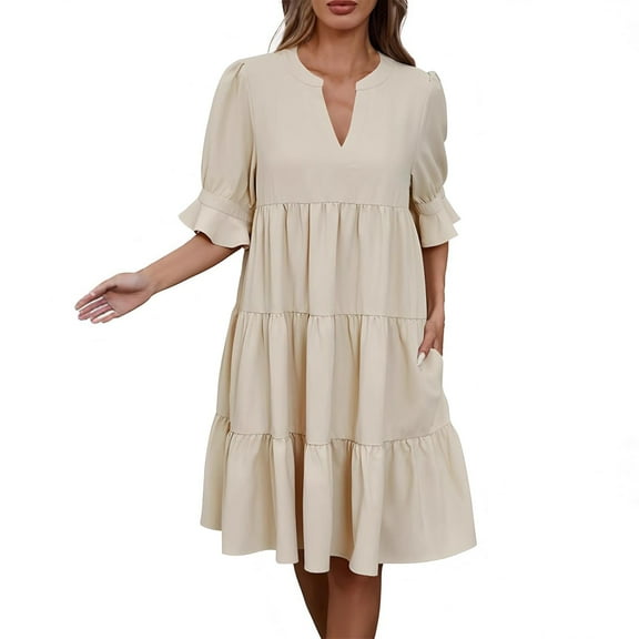 Half Sleeve Dress for Women High Waisted Babydoll Mini Summer Dresses Flowy Tiered Ruffle Short Sundress with Pocket