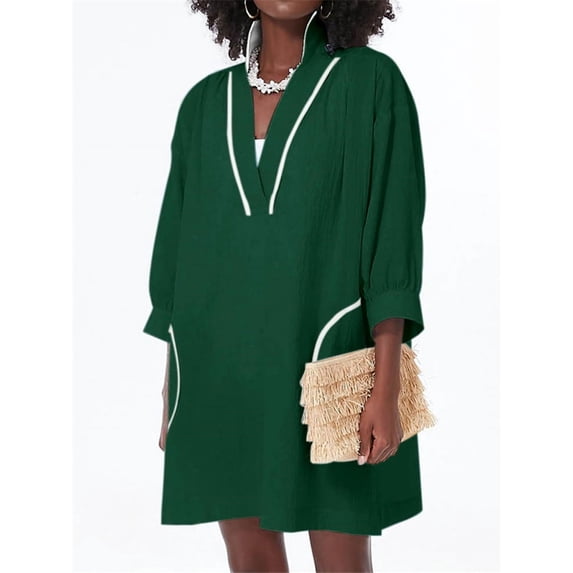 Half Sleeve Patchwork Women Loose V-Neck Mini Dress