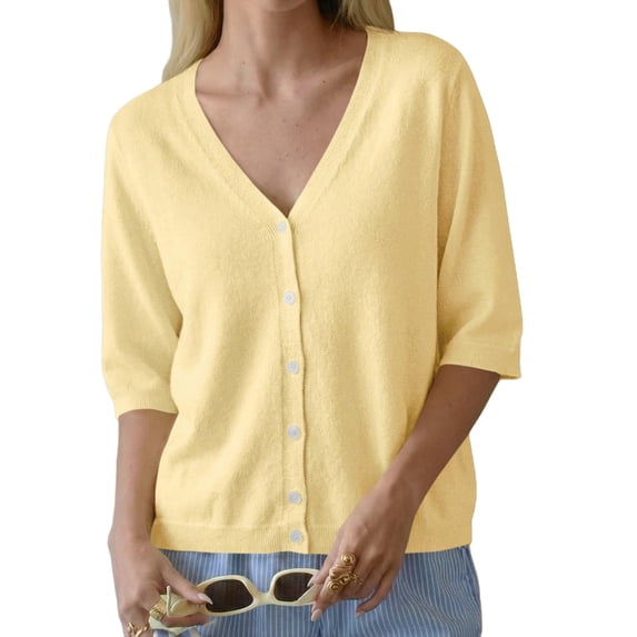 Half Sleeve Solid Color V Neck Women Casual Button Down Cardigan Knit Tops