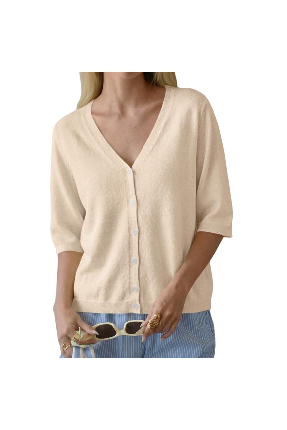 Half Sleeve Solid Color V Neck Women Casual Button Down Cardigan Knit Tops
