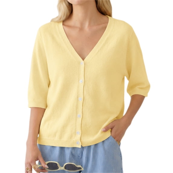 Half Sleeve Solid Color V Neck Women Casual Button Down Cardigan Knit Tops