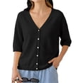 thumbnail image 1 of Half Sleeve Solid Color V Neck Women Casual Button Down Cardigan Knit Tops, 1 of 7