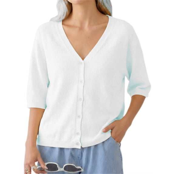 Half Sleeve Solid Color V Neck Women Casual Button Down Cardigan Knit Tops