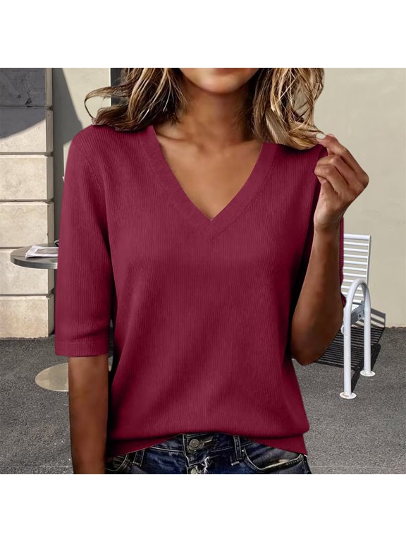 Half Sleeve T Shirts for Women,Half Sleeve Tops,Quarter Sleeve Tops for Women,Summer V Neck Tops Casual Slim Fit Basic Tee Lightweight Pullover Top Spring Trendy Daily Wear,Elbow Length Tops