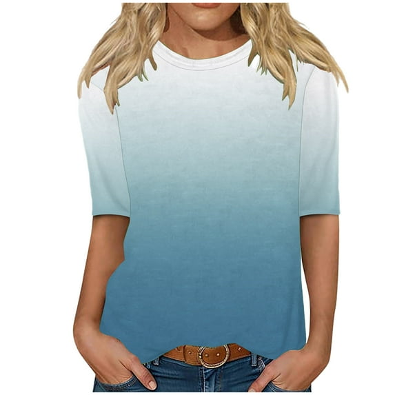 Half Sleeve T Shirts for Women Plus Size Gradient Color Crew Neck Graphic Tee Tshirts Summer Spring Fall Tops (XL, Blue 01)