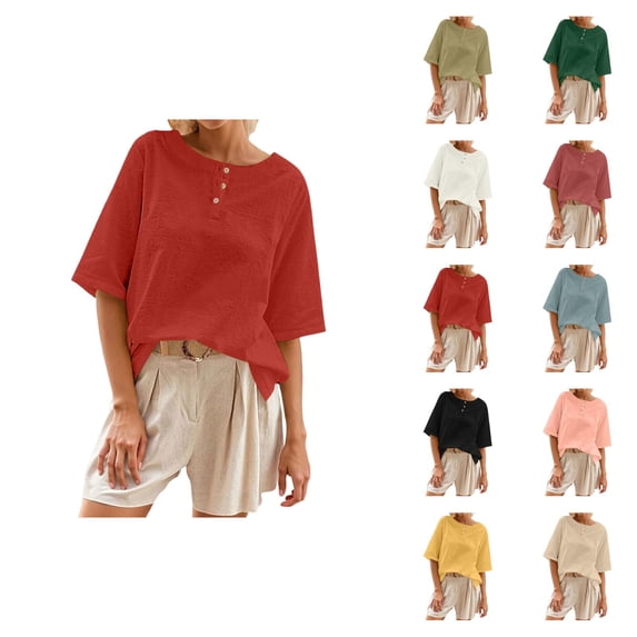 Half Sleeve T Shirts for Women Summer Casual Cotton Linen Lightweight Crewneck Plain Oversized Tshirts Work Shirt