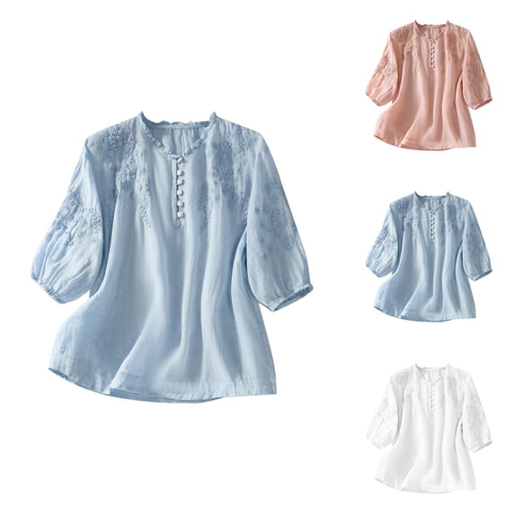 Half Sleeve T Shirts for Women Summer Casual Cotton Linen Lightweight V Neck Loose Embroidered Boho Tshirts