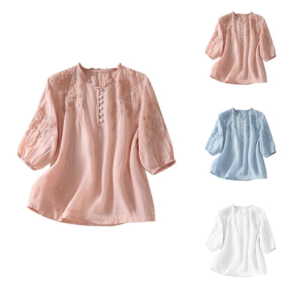 Half Sleeve T Shirts for Women Summer Casual Cotton Linen Lightweight V Neck Loose Embroidered Boho Tshirts
