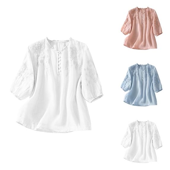 Half Sleeve T Shirts for Women Summer Casual Cotton Linen Lightweight V Neck Loose Embroidered Boho Tshirts