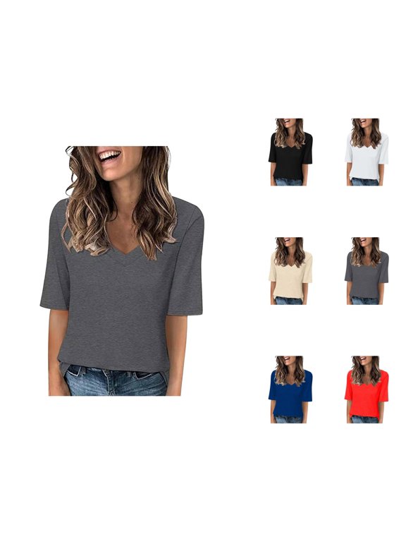 Half Sleeve T Shirts for Women Summer Casual Loose Fit V Neck Plain T Shirts Basic Tees