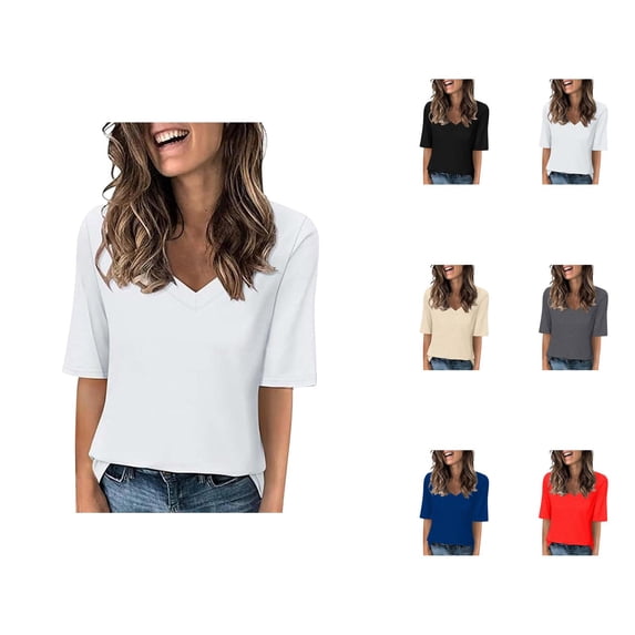 Half Sleeve T Shirts for Women Summer Casual Loose Fit V Neck Plain T Shirts Basic Tees
