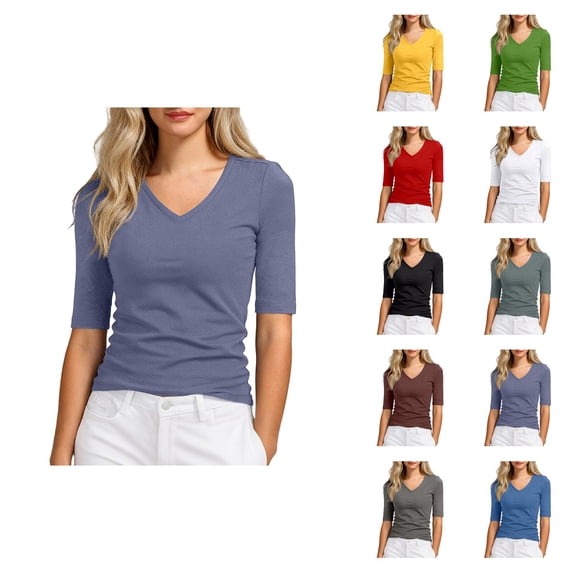 Half Sleeve T Shirts for Women Summer Casual Slim Fit V Neck Fitted Plain Tshirts Womens Undershirt Tees