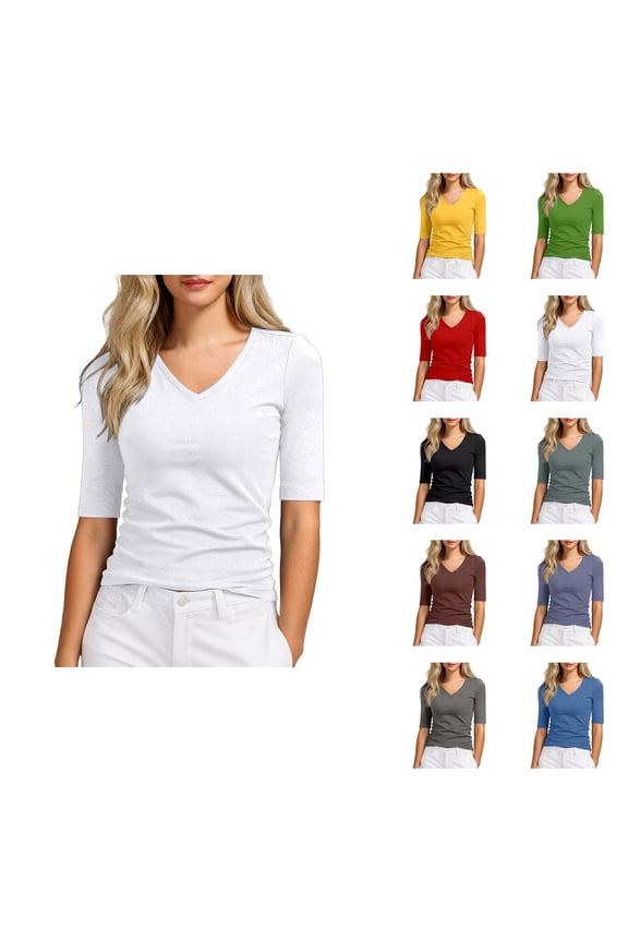 Half Sleeve T Shirts for Women Summer Casual Slim Fit V Neck Fitted Plain Tshirts Womens Undershirt Tees