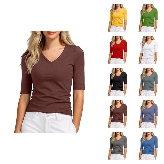 Half Sleeve T Shirts for Women Summer Casual Slim Fit V Neck Fitted Plain Tshirts Womens Undershirt Tees