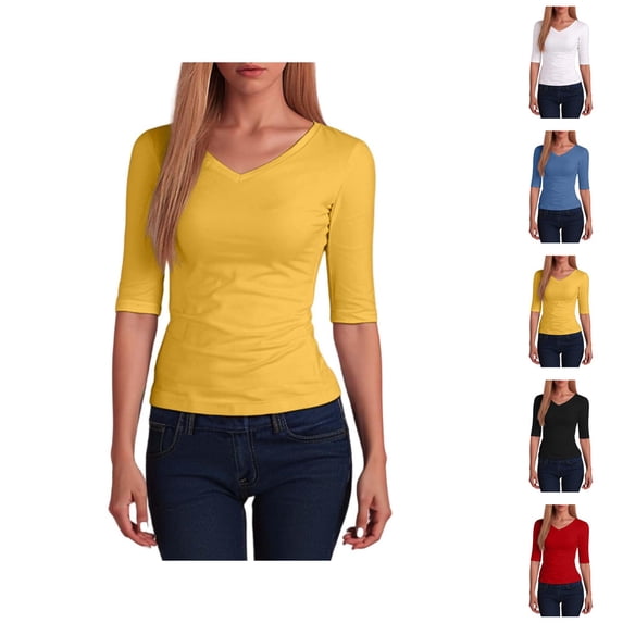 Half Sleeve T Shirts for Women Summer Casual V Neck Slim Fit Plain Basic Tshirts Womens Undershirts