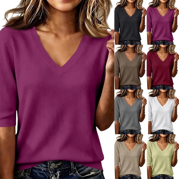 Half Sleeve Tops Women Summer Ribbed Knit V Neck Top Lightweight Pullover Sweater Shirt Dressy Casual Blouses,S,Purple