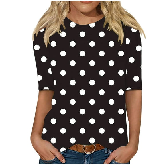Half Sleeve Tops Womens Retro Polka Dots Print Base Tshirts Casual Crew Neck Graphic Tee Shirts, Black|Dots S
