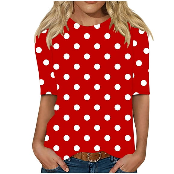 Half Sleeve Tops Womens Retro Polka Dots Print Base Tshirts Casual Crew Neck Graphic Tee Shirts, Red|Dots XL