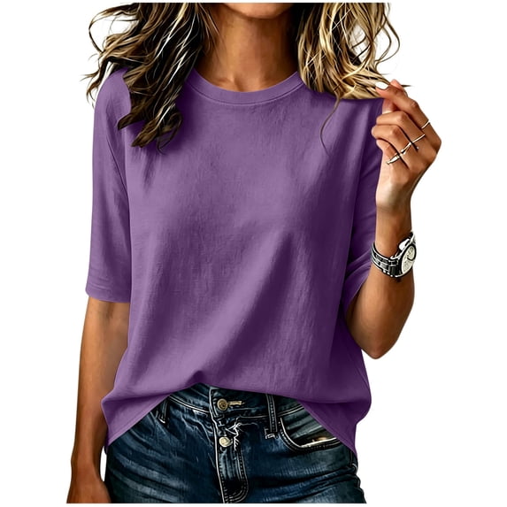 Half Sleeve Tops for Women Crewneck Basic T-Shirts Trendy Loose Fit Summer Business Casual Tees(Purple,XL)