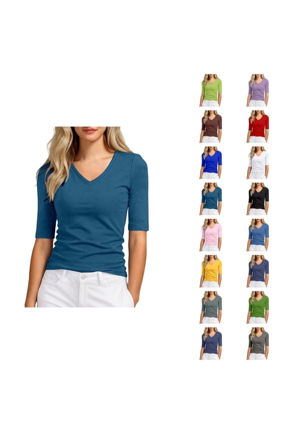 Half Sleeve Tops for Women Summer V Neck Plain Casual Undershirts Basic Tees