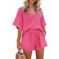 thumbnail image 1 of Half Sleeve V-Neck Casual Solid Color Two Piece Set Of Shorts And Tops,Women's Loose Cotton Linen Suit V Neck Vest Tank Women's Bottom Pants With Pockets, 1 of 5