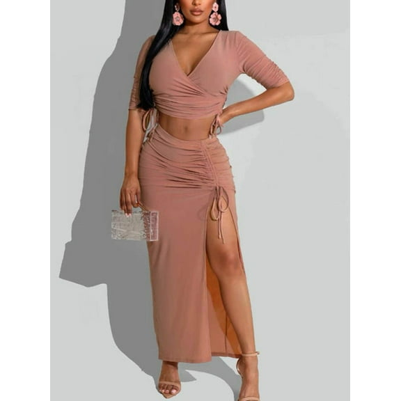 Half Sleeve V Neck Crop Top High Slit Skirt