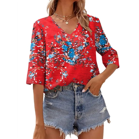 Half Sleeve Women Floral Print V-Neck Casual Shirt Blouse