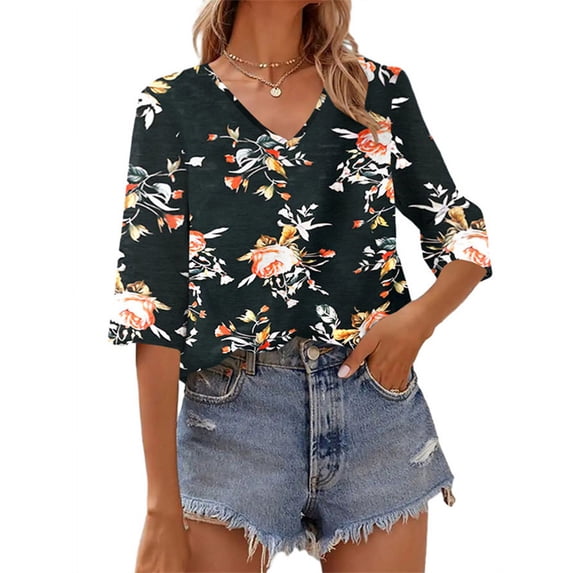 Half Sleeve Women Floral Print V-Neck Casual Shirt Blouse